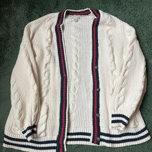American Eagle Taylor Swift Inspired Cream Cardigan with Navy and Red Trim